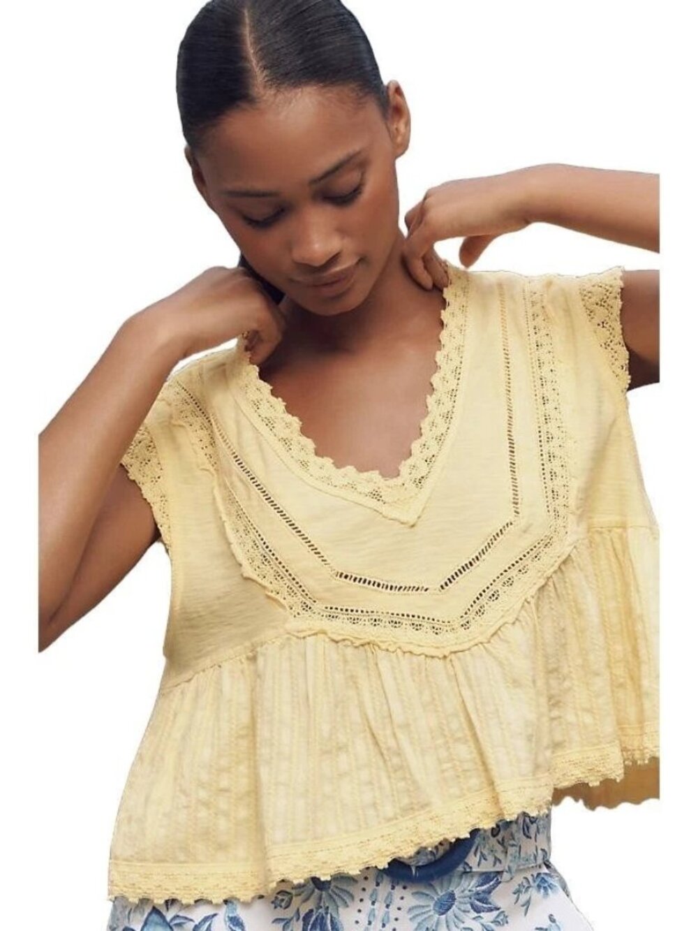 NWT Anthropologie Pilcro Trapeze Popover Top Sz S Yellow Lace Cropped Babydoll